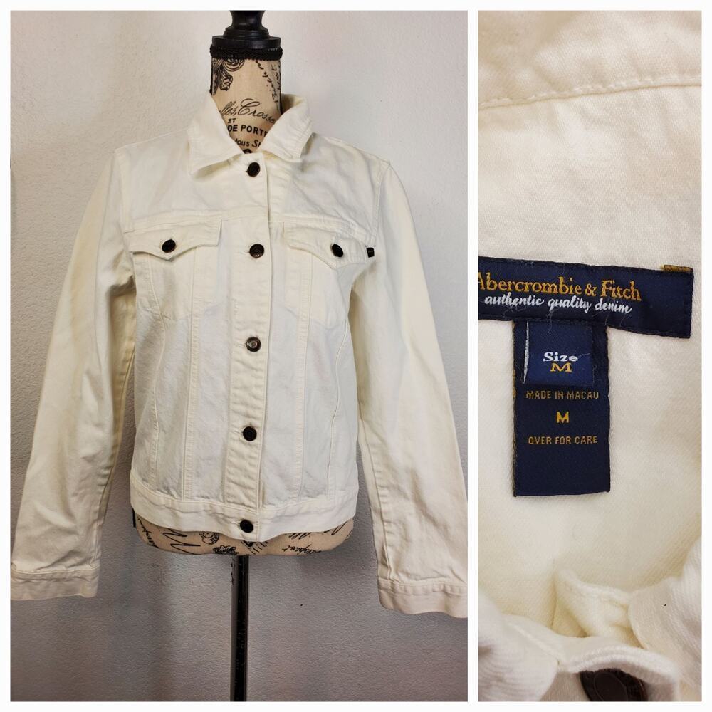 Abercrombie & Fitch Denim Jacket Womens Sz Medium Distressed 100% Cotton White